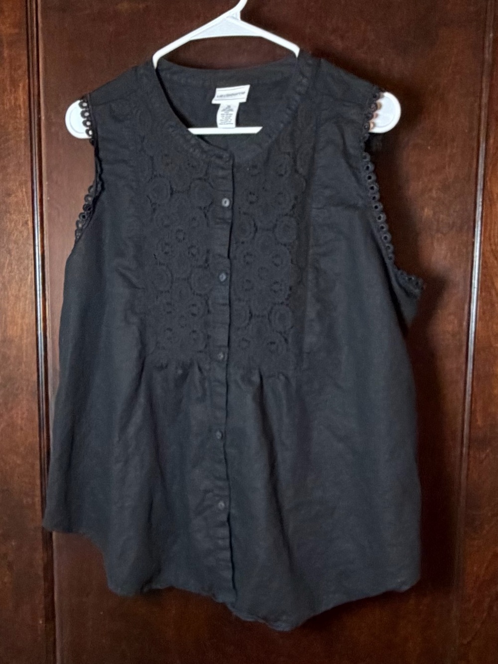 Linen Cotton Blouse XL Black Lace Trim Detail Sleeveless Liz Claiborne Button